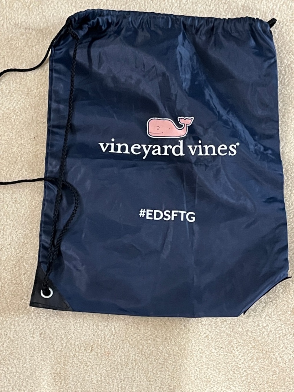 Vineyard Vines Navy Drawstring Bag with Pink Whale